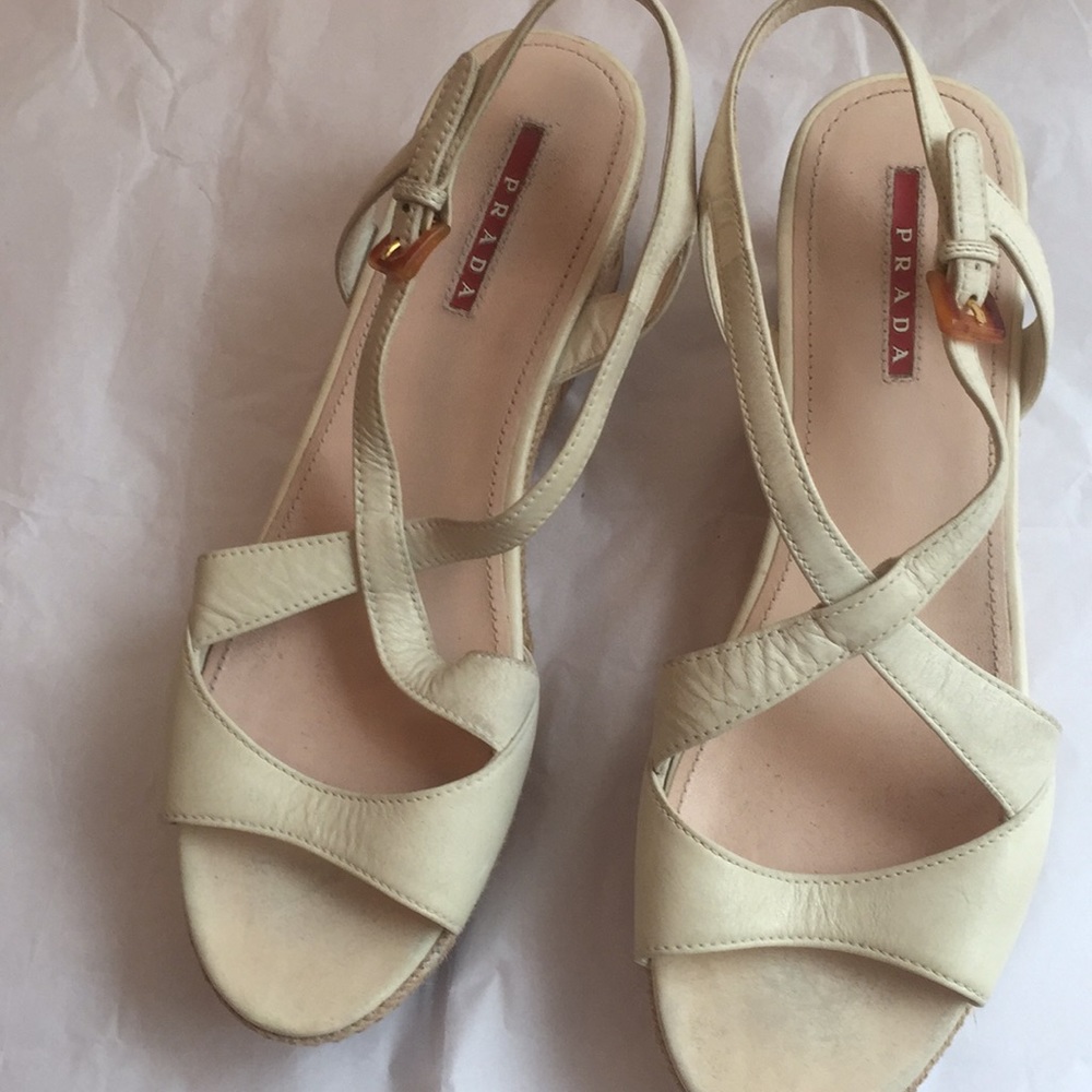 Prada wedge ivory sandals , size 10
